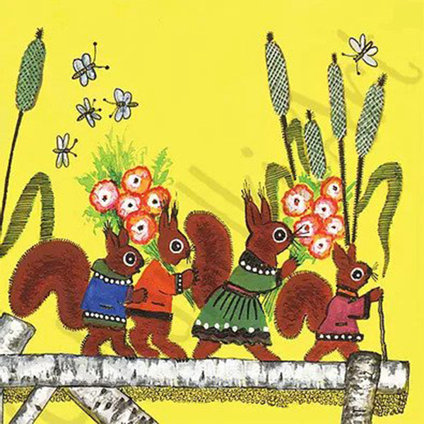 Red Squirrels with Flowers Card